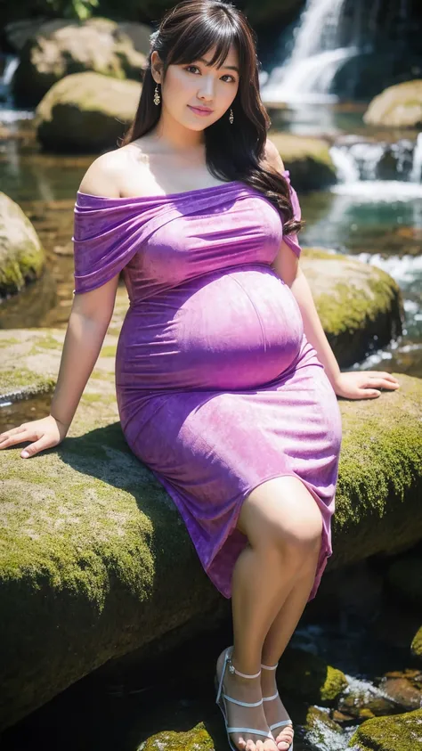 masterpiece, Best Quality, 8K,looking at the viewer,Japanese Lady,20 years old, huge pregnant, Voluptuous, waterfall background, suede dress, sitting, hime cut hairstyles 