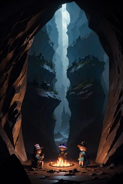  A small group of anime-style little character fairies wearing goggles and hats, The Other Side of the Cave is a Mysterious Kingdom , (The underground kingdom),dark, scary, spooky place, underground labyrinth, Overlooking the night cityscape from the top o...