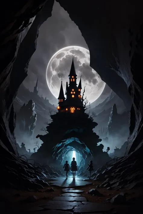  A small group of anime-style little character fairies wearing goggles and hats, The Other Side of the Cave is a Mysterious Kingdom , (The underground kingdom),dark, scary, spooky place, underground labyrinth, Overlooking the night cityscape from the top o...