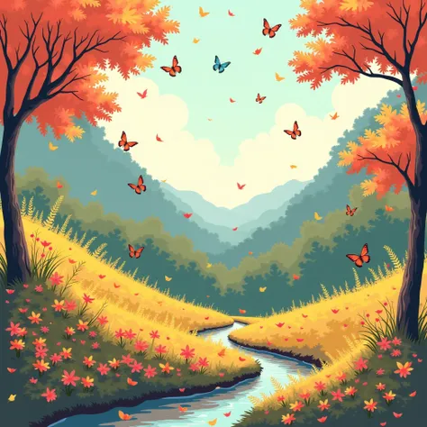 Classic anime aesthetics concept titled "What if this was a reminiscent". Use only aesthetic sceneries such as butterflies, leaves, flowers, autumn weather without human.