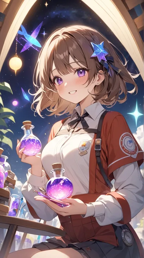 One Girl、A happy look、Long brown hair、Lab attire、Magic potion in hand、Adventurous attitude BREAK Academy laboratory、(Colorful light):1.2、Vibrant colors、Dreamy atmosphere、The charm of magical experiments、Exciting space BREAK Colorful potions、Floating Vial、A...