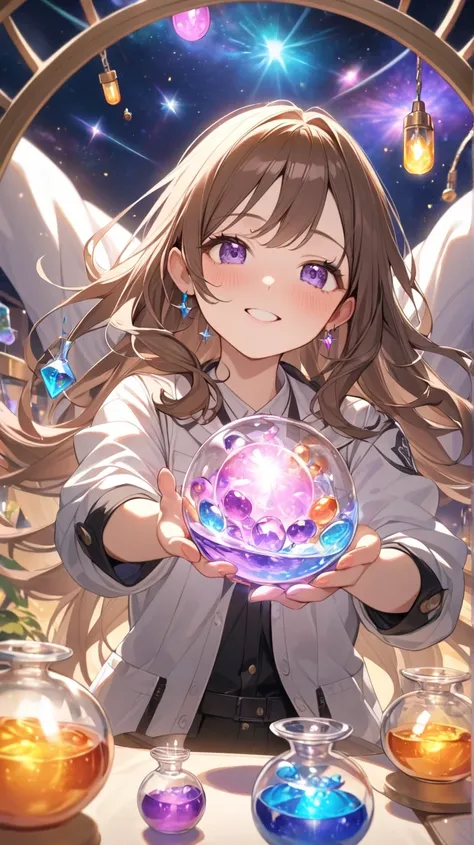 One Girl、A happy look、Long brown hair、Lab attire、Magic potion in hand、Adventurous attitude BREAK Academy laboratory、(Colorful light):1.2、Vibrant colors、Dreamy atmosphere、The charm of magical experiments、Exciting space BREAK Colorful potions、Floating Vial、A...