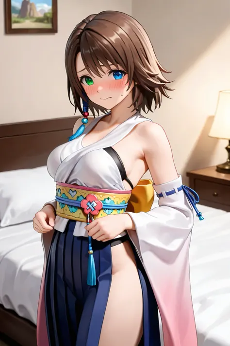 NSFW, Masterpiece, top quality, Hi-Res, very detailed,Yuna\(Final Fantasy X\), blue eyes、 brown hair at the gym、 green eyes、 hair ornament、 rainbow heterochromia、 short hair、 shoulder out、Sleeveless、Hakama、Hakama skirt by humili、 kimono、紫のHakama、 skirt by ...