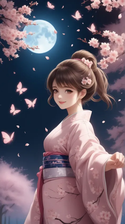  one mature woman、A smile that seduces a man、 supple and curvy proportions、 holding a dance fan in her right hand 、Japanese Dance。
 cherry blossom pattern scattered all over、Shiny light pink silk kimono 、Flower Hairpin、Sandals。
 A large number of cherry bl...