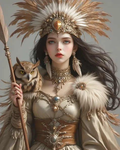   Native American female warrior  \( cute,sporty,Age 18,( Muscle :1.3), Holding 1 Indian Spear ,dark skin, dark floating hair , black eyes are shiny ,Big eyes, resolute face , leather dress \(Marginal,  glass beads \),indian cape\(Marginal,  glass beads \)...