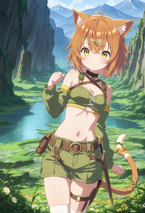 very awa, masterpiece, best quality, newest,  highres, absurdres、 fantasy world 、 There is only one 、 nap cat、 nap cat 　vtuber、Cat girl、 short hair、Reddish brown hair、Cute single tusk、 very small breasts、 thin body、 Read more、 Mountain road overgrown with ...