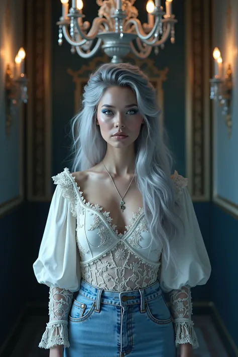  ultra-realistic photography ,(((  highres:1.5))) (((UHD:1.5)))  A captivating portrait in a gothic, but elegant frame ,  shows a woman with voluminous silver-grey locks , , that cascades down like a frothy waterfall . Her gaze is captivating ,   is highli...