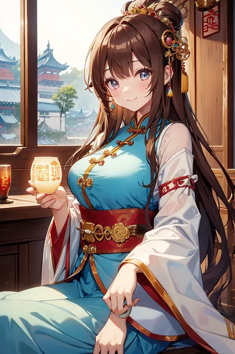 4K,High resolution,one girl,long brown hair,big breasts,ancient chinese bard,light blue fantasy cheongsam,smile,princess tiara,Jewelry Decoration,,Ancient Chinese Villages