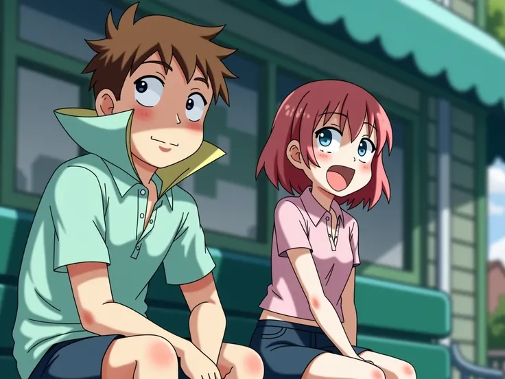 Anime man wearing a Massive popped collar polo with a collar so high it's taller than his head while sitting with his girlfriend