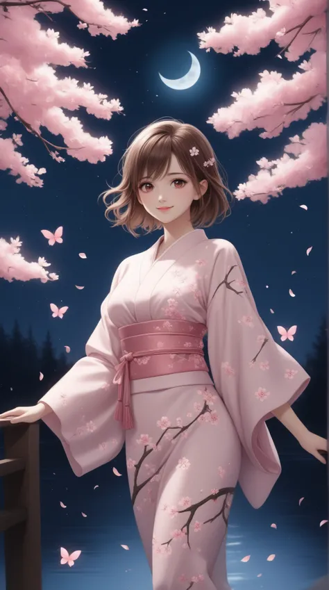 One young beautiful woman、 Seductive Smile、 Seductive Gestures 、 supple and curvy proportions、 holding a dance fan in her right hand 。
 cherry blossom pattern scattered all over、Shiny light pink silk kimono 、Flower Hairpin、Sandals。
Cherry blossom petals fl...