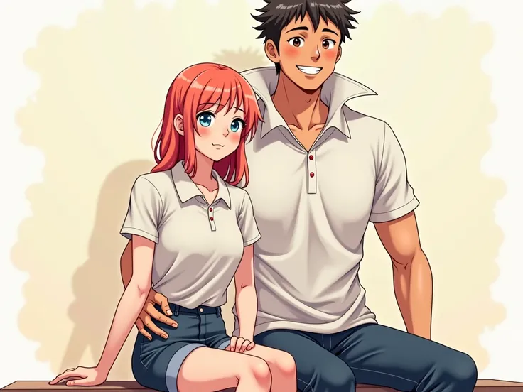 Anime man wearing a Massive popped collar polo with a collar so high it's taller than his head while sitting with his girlfriend