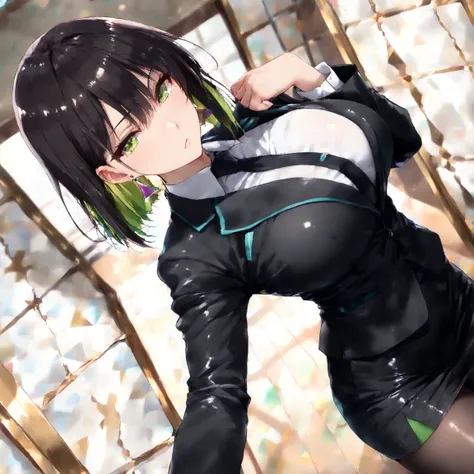 masterpiece, (((( best quality )))),,,shiny skin,, wearing a black suit, black tie , tight skirt, black tights, dark hair, short bob hair,The inner color of the hair is green, green eyes,isosceles triangle earrings,,,,large breasts,