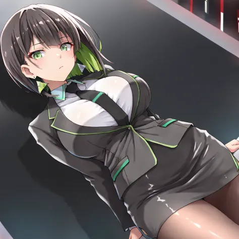 masterpiece, (((( best quality )))),,,shiny skin, wearing a black suit, black tie , tight skirt, black tights, dark hair, short bob hair,The inner color of the hair is green, green eyes,isosceles triangle earrings,,,large breasts,