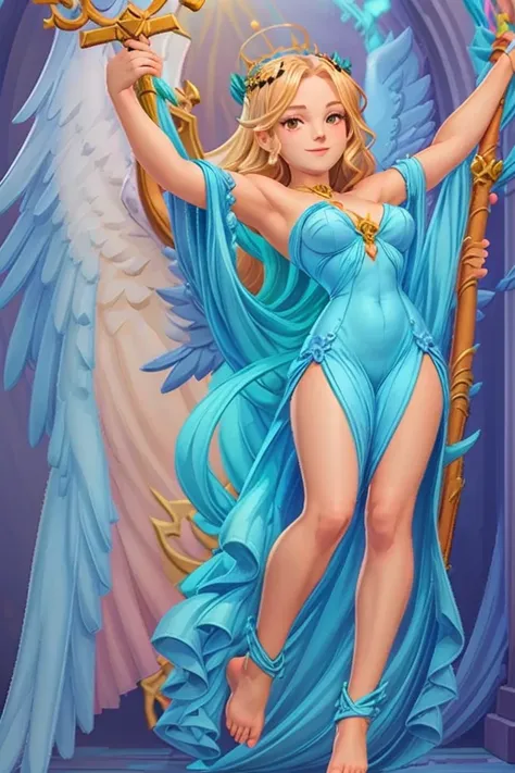 (masterpiece, best quality) cute anime angel girl, blonde long hair, delicate angel wings, barefoot, sexy smiling, sexy pose, coquette, beautiful long legs, mature girl, gorgeous body, pronounced breasts, standing, intricate details and sunlight ethereal i...