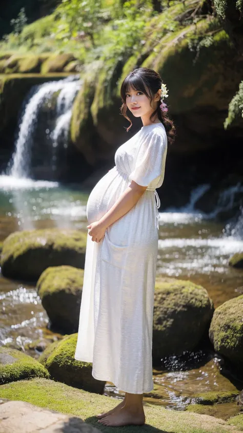 masterpiece, Best Quality, 8K,looking at the viewer,Japanese Lady,20 years old, huge pregnant, Voluptuous, waterfall background, caftan dress, standing, hime cut hairstyles 