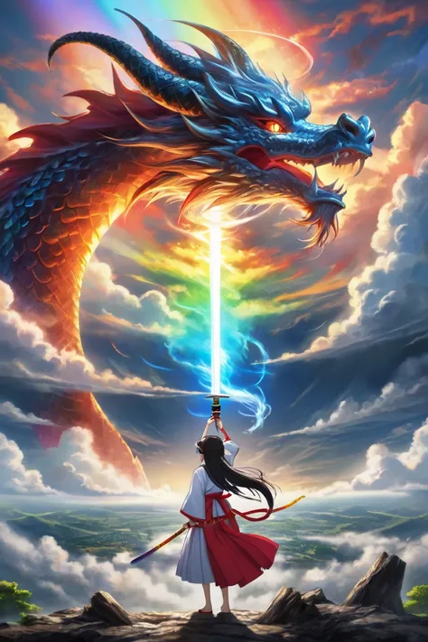  Masterpiece, Highest Quality,8k,A world people can't imagine,One young woman,Shrine maiden,thunder, dazzling flash , standing alone on the devastated earth, in the shape of a cloudy sky and a dragon(((cloud)))), extremely detailed,A world without salvatio...