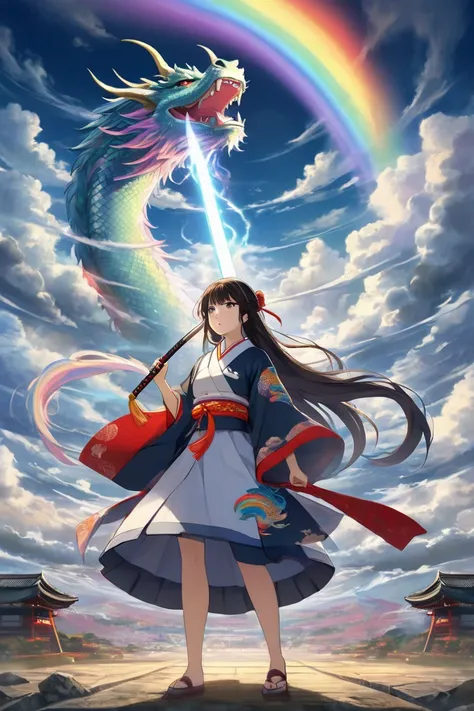  Masterpiece, Highest Quality,8k,A world people can't imagine,One young woman,Shrine maiden,thunder, dazzling flash , standing alone on the devastated earth, in the shape of a cloudy sky and a dragon(((cloud)))), extremely detailed,A world without salvatio...