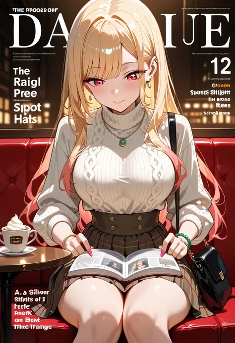 Marin Kitagawa, sitting at a cozy indoor café booth, engrossed in a hardcover book, shifting her legs to re-cross them, her body angled diagonally away from the camera, looking down at the pages with quiet focus, long wavy blonde hair softly draping over h...