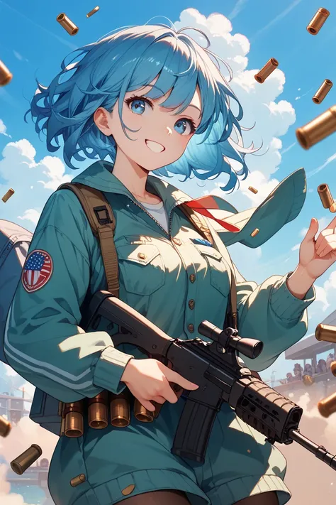 I have an assault rifle on the battlefield。There are bullets flying in the air around。A girl with blue hair and a cute smile。