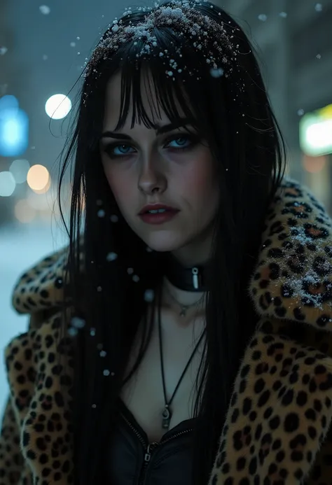 FULL CLOSE FACE SHOT - SAD FACE GIRL, CRYAING, TEARS - black hair, long straight strands, falling over shoulders and back - wearing a long leopard print fur coat - wearing black leather top - gothic white skin - BLOOD RED LIPS - very cold, snow, snowing sh...