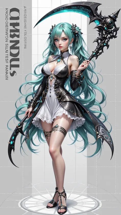 Smooth Quality - A full body anime style illustration of a cute girl with long, flowing teal green hair and bright blue eyes. She is wearing a white and black dress with frills, ribbons, and detailed accents. She holds a very large, futuristic black scythe...