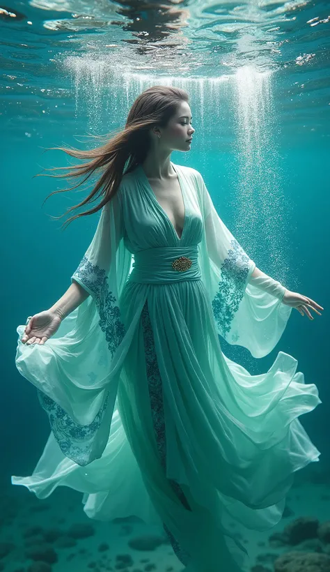 Special ability to manipulate water underwater、White beauty、blue and green kimono、 in a clean ocean、whole body