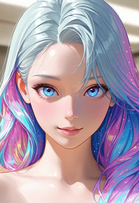 ultra detailed, absolutely resolution, masterpiece. 
cool beauty portrait, glossy silky fluffy flowing high layered hair, captivating sparking eyes, lewd beauty expression, make up, lewd great body proportion, wearing modern clothing. 
various colorful iri...