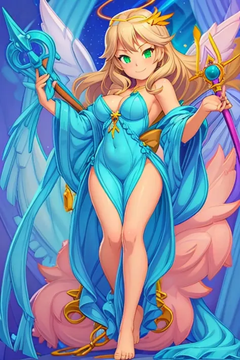 (masterpiece, best quality) cute anime angel girl, blonde long hair, delicate angel wings, barefoot, sexy smiling, sexy pose, coquette, beautiful long legs, mature girl, gorgeous body, pronounced breasts, standing, intricate details and sunlight ethereal i...