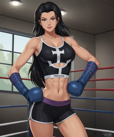 safe_pos, PonyXLV6_Scores BREAK (((retro artstyle, parody, animification)), perfect anatomy, cowboy shot) helena bertinelli, long hair, black hair, black eyes,  ((looking at viewer)), primrose boxing gloves, primrose racerback bra, primrose muay thai boxin...