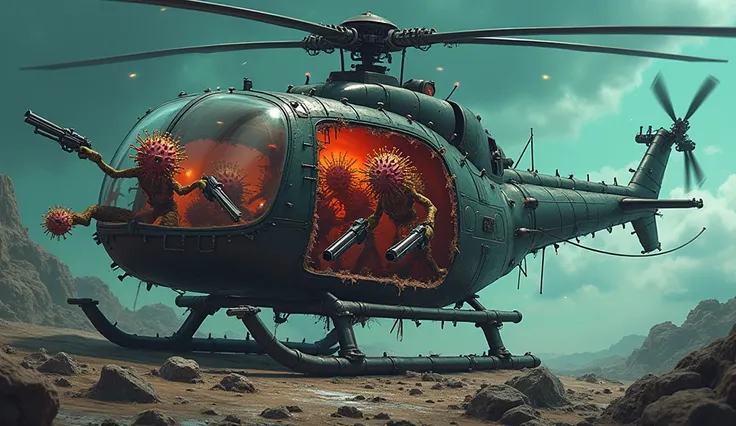 Animated viruses with machine guns inside a helicopter with virus features
