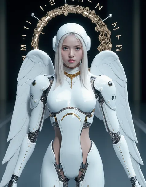 Create a Pure White Cyborg Angel, The gesture of the arrival of the angel, Suspended in mid-air, facing at camera, Complete body, in a panoramic view, With a charming smile, Trigger people's emotions, When you see her, top-quality, masterpiece, ultra-high ...