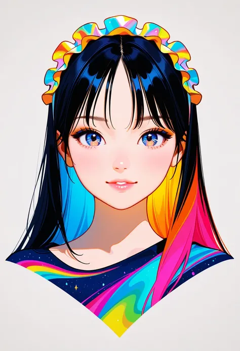 ultra detailed, absolutely resolution, masterpiece. 
cool beauty portrait, glossy silky fluffy flowing high layered hair, captivating sparking eyes, lewd beauty expression, make up, lewd great body proportion, wearing modern clothing. 
various colorful iri...