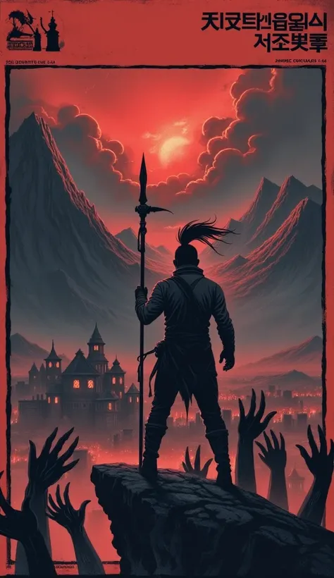 A man of medium height stands on a cliff. Many hands of scary creatures reach out to his feet. He's turned his back to the angle,  in his hand and has slightly long hair, and in his hand he holds a broken spear. There are mountains in front of it, and the ...