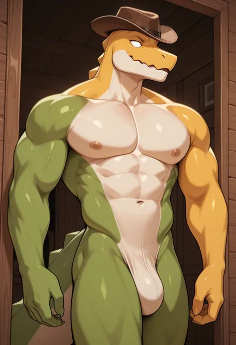  male focus,    muscular, gummig0o ,  no pupils, anthro, Cowboyhut,  perfect anatomy,  masterpiece,  perfect quality,   rolled up  ,   detailed , Latest ,  very aesthetic 