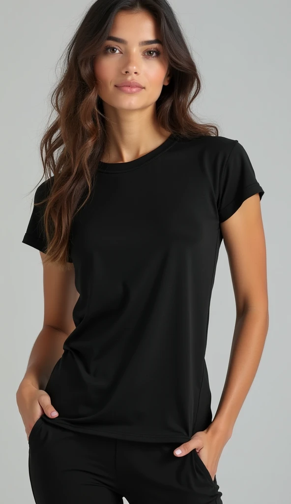 a young woman in a black shirt and black pants posing for a picture, wearing a black t-shirt, vestindo  t-shirt preta, wearing a black tshirt,  black top, sports bra and shirt, wearing a black shirt, black shirt,  t-shirt preta,  sportswear ,  Tight fit sh...