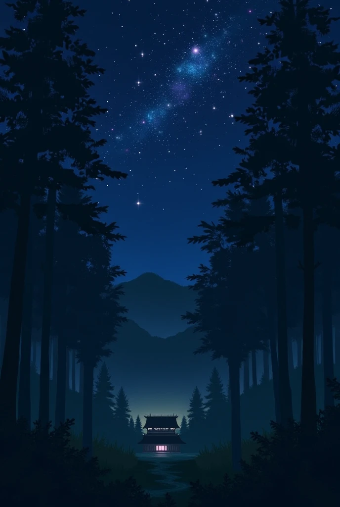 A picture of the forest at night. There are many and colorful stars in the sky. The camera angle is far from the forest and there is a hut but it is far away. The painting method is old Japanese