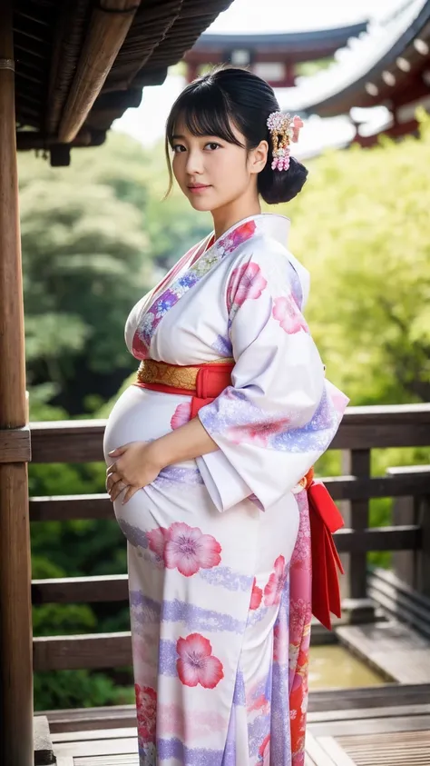 masterpiece, Best Quality, 8K,looking at the viewer,Japanese Lady,20 years old, huge pregnant, Voluptuous, japan shrine background, kimono, standing, hime cut hairstyles 