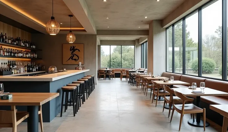 Un hôtel en france normandie, Espace déjeuner restauration avec comptoir bar au milieu de l'espace, élément présentoir au dessus du comptoir, beaucoup de tables, chaises et banquettes confortables, design, architecture, réaliste, minimalist, 
((bois)) maté...