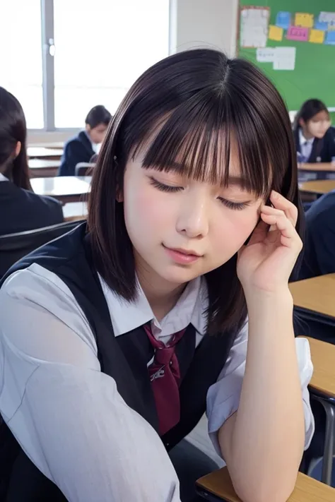 close up, wait for kiss, partly lips, classroom, school uniform, closed eyes