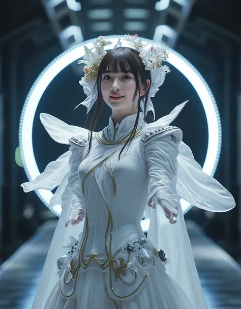 Create a Pure White Cyborg Angel, The gesture of the arrival of the angel, Suspended in mid-air, facing at camera, Complete body, in a panoramic view, With a charming smile, Trigger people's emotions, When you see her, top-quality, masterpiece, ultra-high ...