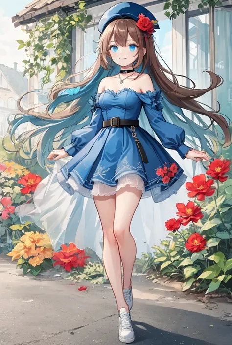 1 girl,   long hair, (  Brown hair1 .2), ( blue hair0 .6),  ojos azules,  pretty face,   looking at the camera,  (( big red flower on the head)), gorra white y azul, ((cachucha white)), [[blue cachucha ]]  sports-style hat with visor,  blue dress,  straple...