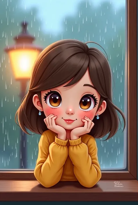 A super cute and exaggerated chibi-style close-up of a young woman sitting by a window on a rainy day, resting her tiny chin on her clasped hands. She has oversized, sparkling brown eyes full of emotion, with a glossy, playful shine that enhances her sweet...