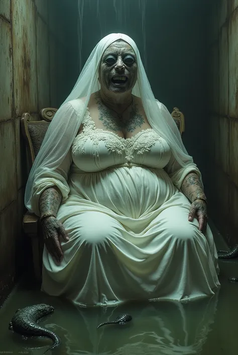 A fat woman with a breasted appearance whose face is covered by a veil and a white wedding dress ,Sitting in a moldy and wet slut ,The place is knee-deep in water and it covers her face and like a horrible and disgusting fish ,You can't see her face   , he...