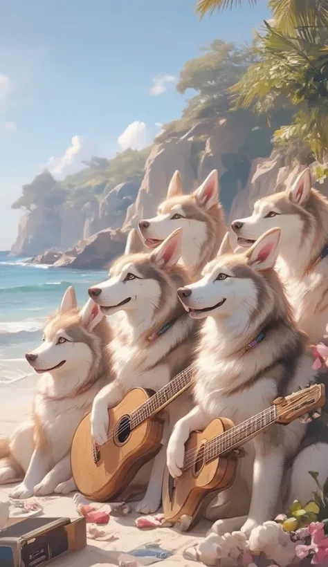 Good feeling Siberian Huskies listening to music by the sea  ,   Playing an instrument   ,  Multiple Siberian Huskies in a good mood are listening to music on the seashore ,