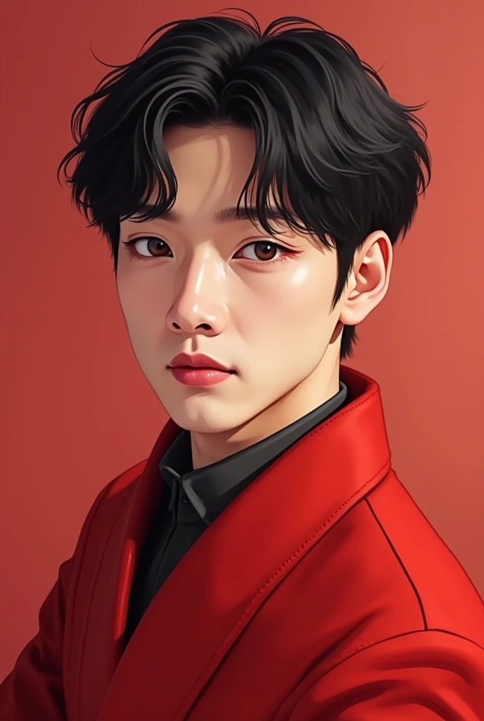 Make me a picture of a kpop idol, his heritage is (Mother: Half Filipino Half Australian) and (Father: Half Korean, ½ russian and ½ Japanese) He has a fox shaped face, porcelain skin and sharp eyes. The colour of his eyes are hazel. He is wearing red theme...