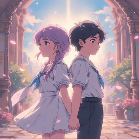 yinji, 1 girl and 1 boy, back to back, looking back at each other, (((reluctant expression))) purple and white gradient double braids, gorgeous school, romantic atmosphere, (((many petals flying))), (( Sailor Suit)) Your Name, Author: Xinhai Cheng, Super W...