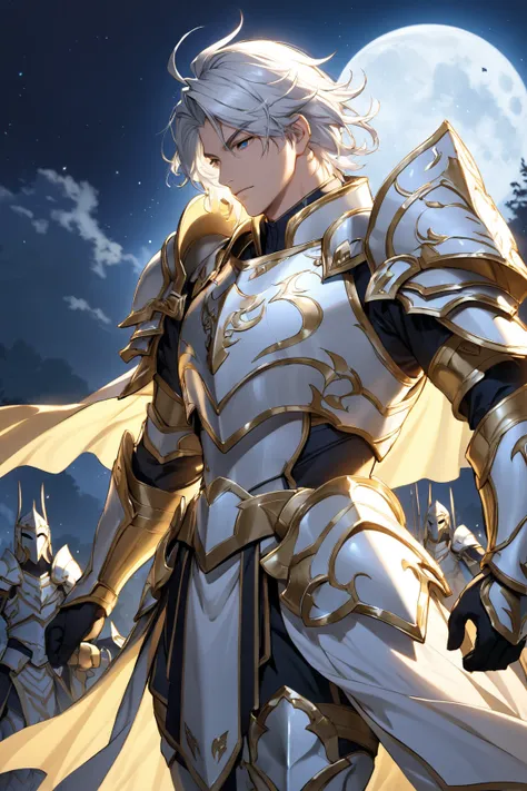 Paladin, Glowing Armor , Strong men, Moonlight,  silver hair,  pomade hair , 