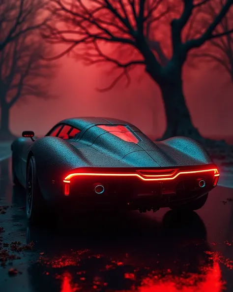 Retrofuturistic Vehicle with intricate rear with re glowing headlights, perfect crafted, close up with symmetry, Horror old tree beside,realistic, moody, 4k uhd , dar red glowing background, black tree