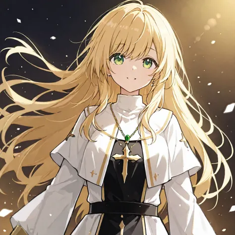 The girl being protected is a saint with long golden hair, jewel-green eyes, and wearing a white holy priest costume.