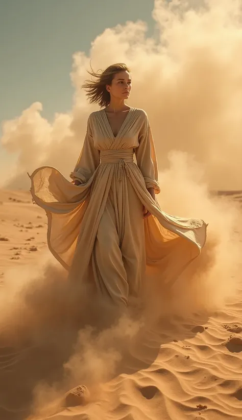  Beautiful Woman Causing Sandstorm in the Desert、Owner of Special Abilities 、 Light Brown Clothes 、whole body